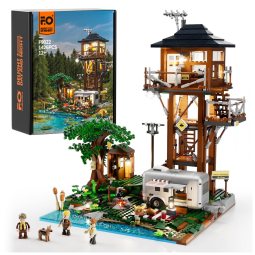 Funwhole Lookout Campground com torre de vigia e motorhome retro 1426 peças com iluminação LED