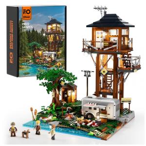 Funwhole Lookout Campground com torre de vigia e motorhome retro 1426 peças com iluminação LED