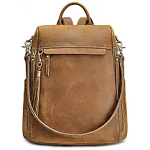 Mochila Feminina de Couro Vintage, S ZONE, Marrom Claro