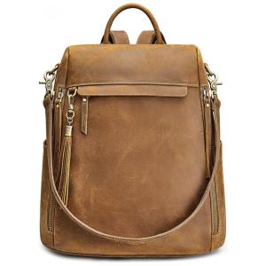 Mochila Feminina de Couro Vintage, S ZONE, Marrom Claro