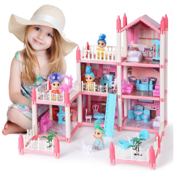Casa de Bonecas com 6 Bonecas e 6 Quartos para Crianças de 6 Anos a 10 Anos, COOLFOX, Rosa
