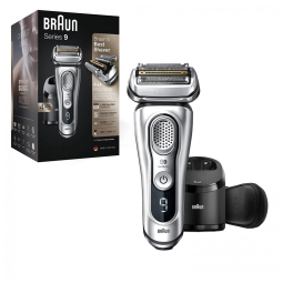 Barbeador Elétrico Masculino Portátil Braun 9390cc com Aparador de Barba Retrátil e Estojo de Couro, Prata