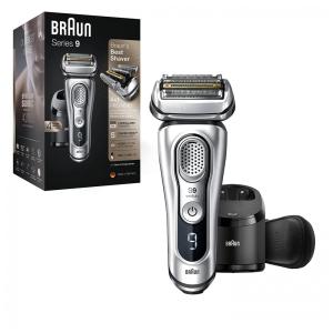 Barbeador Elétrico Masculino Portátil Braun 9390cc com Aparador de Barba Retrátil e Estojo de Couro, Prata