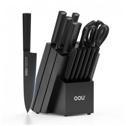 Conjunto de Facas em Aço Inoxidável com Bloco de Bancada e Afiador Embutido, 15 Peças, OOU, Preto