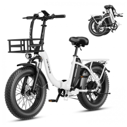 Bicicleta Elétrica Dobrável para Adultos 7 Velocidades até 77km com Amortecedor Duplo e Cesto, 48V 500W, Heybike, Branca