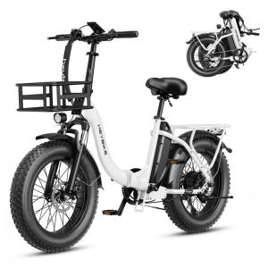Bicicleta Elétrica Dobrável para Adultos 7 Velocidades até 77km com Amortecedor Duplo e Cesto, 48V 500W, Heybike, Branca