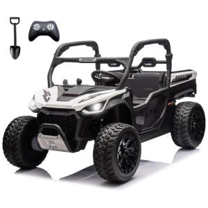 UTV Infantil Elétrico Sopbost Branco e Preto 24V 2 Lugares 4 Motores 75W Caçamba Grande Automática 4WD Pneus EVA Controle Bluetooth 10Ah