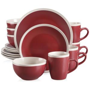 Aparelho de Jantar com 16 Peças em Cerâmica Faiança Incluindo Pratos e Bowls, Vancasso Seesami, Vermelho