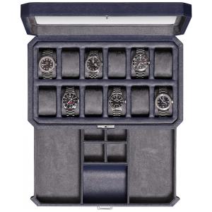 Caixa, Estojo de Couro para Relógios com 12 Compartimentos, ROTHWELL, Azul
