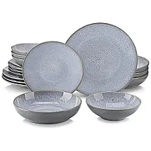 Conjunto de Pratos e Bolws com 16 Peças de Cerâmica, Vancasso Karst, Cinza