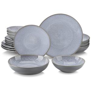 Conjunto de Pratos e Bolws com 16 Peças de Cerâmica, Vancasso Karst, Cinza