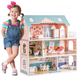 Casa de Bonecas de Madeira com 28 Acessórios 3 Andares para Crianças a partir de 3 anos, ROBOTIME, Rosa