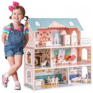 Casa de Bonecas de Madeira com 28 Acessórios 3 Andares para Crianças a partir de 3 anos, ROBOTIME, Rosa