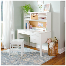 Escrivaninha infantil com hutch e cadeira Guidecraft Madison Branco em madeira com 3 gavetas e nichos 112cm