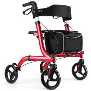 Andador Adulto Idoso com Apoio de Braço, Assento Acolchoado e Cesto, Suporta até 136 kg, HEALCONNEX, Vermelho