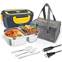 Marmita Elétrica Portátil 1,5L em Recipiente Aço Inoxidável com Garfo, Colher e Bolsa para Transporte, 12V 110V 60W, LETAAKA, Azul e Amarelo