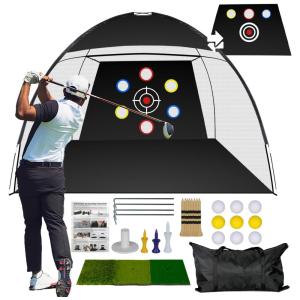 Rede de Treino para Golfe de 3m x 2,1m, inclui 9 Bolas de Golfe, 1 Tapete de Golfe e Mais Acessórios Inclusos para Ambientes Internos