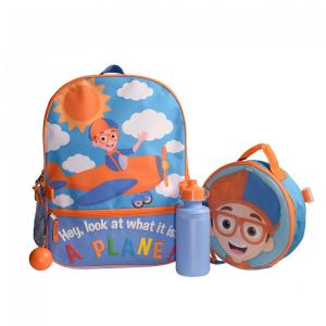 Mochila Escolar Infantil Blippi com Lancheira, Garrafa de Água e Chaveiro Divertido, Azul e Laranja