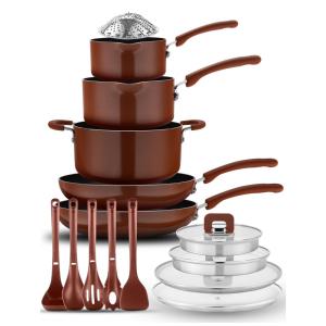 Jogo de Panelas Antiaderentes com Botão Dobrável e Economia de Espaço, 17 Peças, NutriChef, Marrom