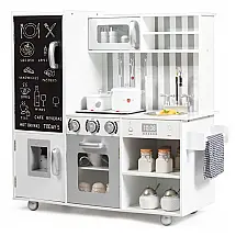 Cozinha Infantil em Madeira com Som Realista, Quadro Negro, Dispensador de Água, Forno e Pia para Crianças Acima de 3 Anos, Costzon, Branco