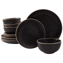 Aparelho de Jantar com 12 Peças em Cerâmica Serve 4 Pessoas, Gibson Home Rockaway, Preto