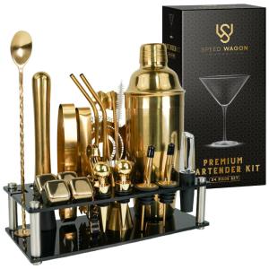 Kit Bartender Profissional 24 Peças em Aço Inoxidável com Suporte de Acrílico, Speed Wagon Foundation, Prata