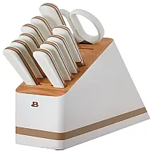 Conjunto de Facas em Aço Inoxidável com Bloco de Madeira, 12 Peças, EINUZ, Branco