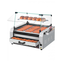 Máquina de Cachorro-Quente VEVOR, 30 Salsichas em 11 Rolos, Grill de Aço Inoxidável, 1950W com Aquecedor de Pães, Tampa, 3 Controles de