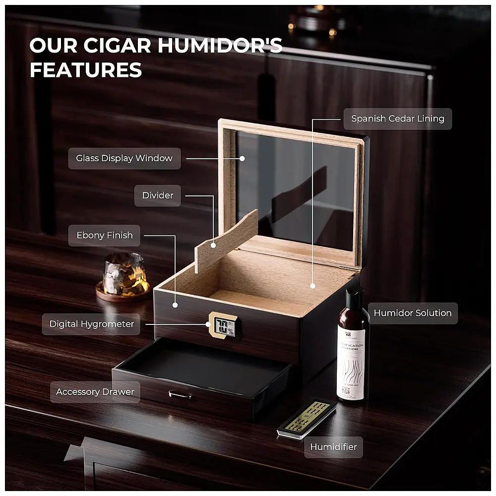 Umidificador para Charutos Woodronic Ébano com Higrômetro Digital e Gaveta para Acessórios 25-50 Charutos — foto 3