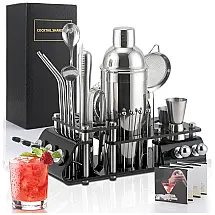 Kit Bartender Profissional 41 Peças em Aço Inoxidável com Suporte de Acrílico, CKductpro, Prata