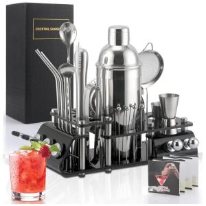 Kit Bartender Profissional 41 Peças em Aço Inoxidável com Suporte de Acrílico, CKductpro, Prata