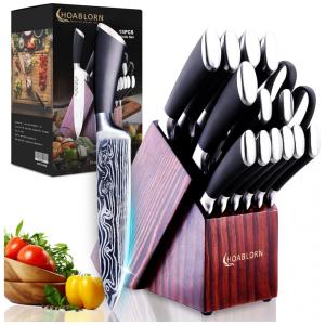 Conjunto de Facas com Afiador Embutido e Bloco de Bancada 13 Peças, HOABLORN PK01 15Pcs, Preto