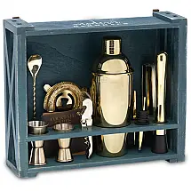 Kit Bartender Profissional 18 Peças em Aço Inoxidável com Suporte de Madeira, Modern Barnhaus, Dourado