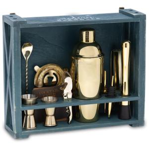 Kit Bartender Profissional 18 Peças em Aço Inoxidável com Suporte de Madeira, Modern Barnhaus, Dourado