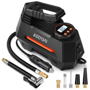 Compressor de Ar Portátil 100 PSI Recarregável com Tela LED e Manômetro Digital, 12V 120W, AstroAI AC220O, Preto e Laranja