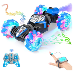 Carrinho de Controle Remoto e Sensor de Gestos com Luz, Música e Spray Traseiro, TESSGO, Preto e Azul