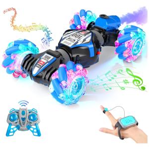 Carrinho de Controle Remoto e Sensor de Gestos com Luz, Música e Spray Traseiro, TESSGO, Preto e Azul