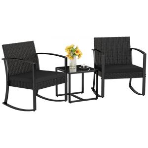 Conjunto de Móveis de Pátio Homall 3 Peças Preto - Cadeiras de Balanço para Área Externa com Almofadas e Mesa para Varanda, Piscina