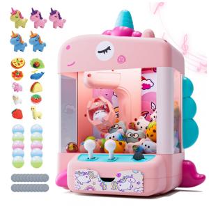 Máquina de Garra Unicórnios Skirfy Rosa e Lilás – Mini Arcade Infantil com 5 Unicórnios, 10 Acessórios “Donut”, 10 Brinquedos Cápsula e 20