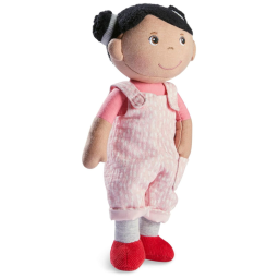 Boneca HABA Snug Up Doll Rumbi com Cabelos Pretos e Jardineira Rosa - Lavável à Máquina para 18 Meses e Acima