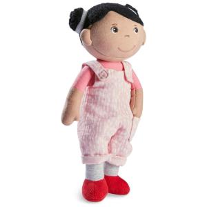 Boneca HABA Snug Up Doll Rumbi com Cabelos Pretos e Jardineira Rosa - Lavável à Máquina para 18 Meses e Acima