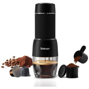 Máquina de Café Expresso Manual Portátil 18 Bar 2 em 1 para Cápsulas Nespresso, Sekaer, Preto