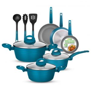 Jogo de Panelas e Frigideiras Antiaderentes em Alumínio com Utensílios, 12 Peças, NutriChef NCCW12GR, Azul