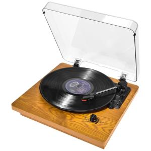 Vitrola Toca Discos com Alto Falantes Duplos Acionados por Correia e Entrada AUX, 001, claro, 110v, VQSLY 001, Marrom claro