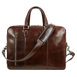 Bolsa Maleta de Couro Unissex para Laptop, TIME RESISTANCE, Marrom