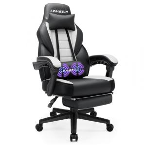 LEMBERI Cadeira Gamer Reclinável e Giratória com Apoio Lombar e Cabeça, Preta e Branca