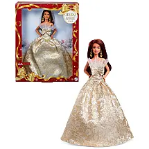 Boneca Barbie Holiday 2025 Signature Mattel colecionador cabelo castanho escuro vestido prata e dourado suporte para exposição