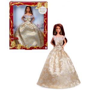 Boneca Barbie Holiday 2025 Signature Mattel colecionador cabelo castanho escuro vestido prata e dourado suporte para exposição