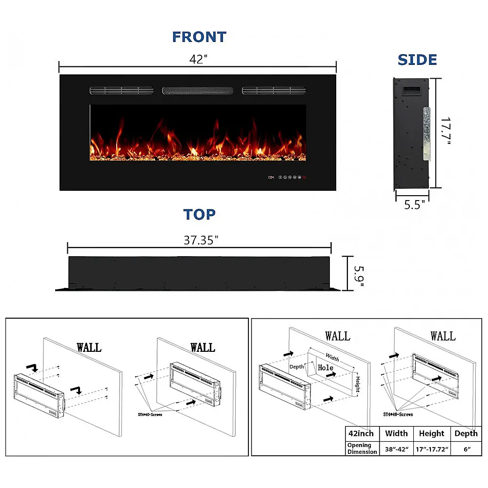 Lareira Elétrica de Embutir A45x106L com Controle Remoto e Digital, Luz LED, Chama Ajustável, 1500W, 110v, PRISMFLAME EF42r, Preto — foto 3