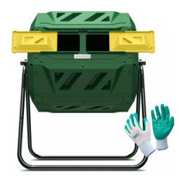 Composteira Rotativa Nazhura Verde Dupla Câmara 163 L, Plástico e Aço Galvanizado, Acompanha Luvas de Jardinagem